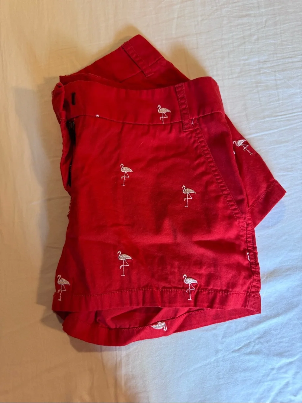 J. Crew Red Flamingo-Embroidered Women's Chino Shorts. Size 0